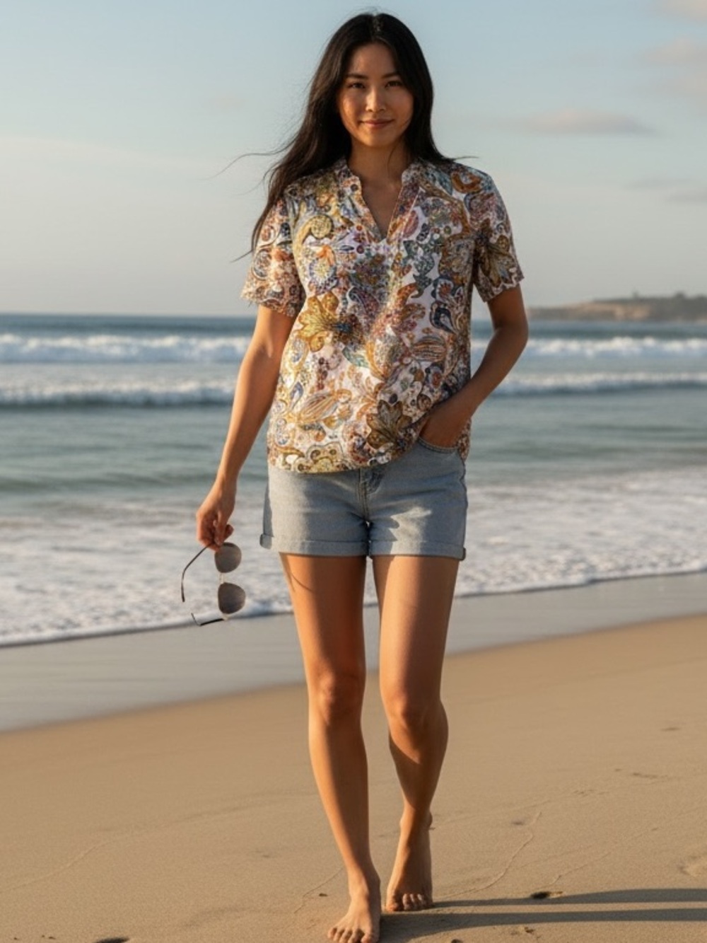 Woman's Paisley Short Sleeve blouse with ruffle around neck